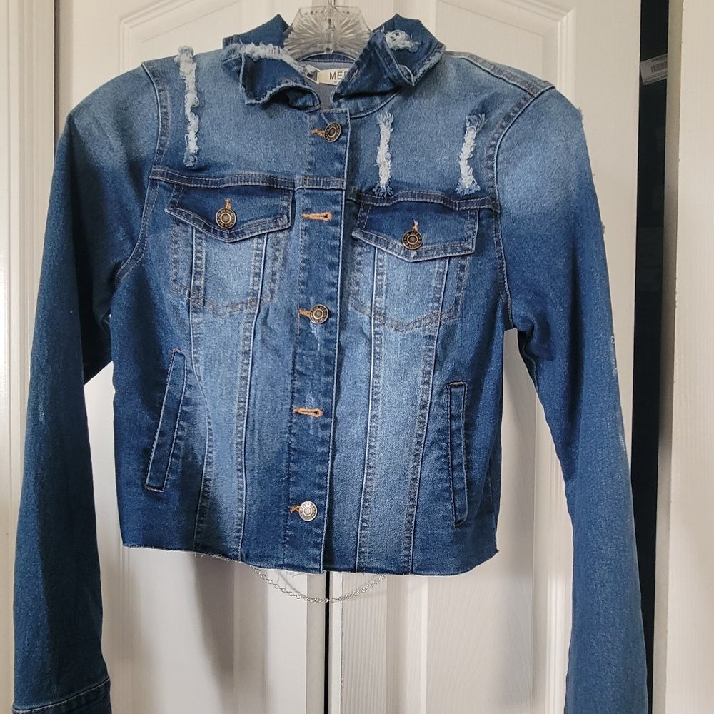 Distressed Jean Jacket Open Back with Chains